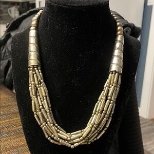 Vintage Silver Tone Beaded Necklace: Puffed Metal Multi Strand